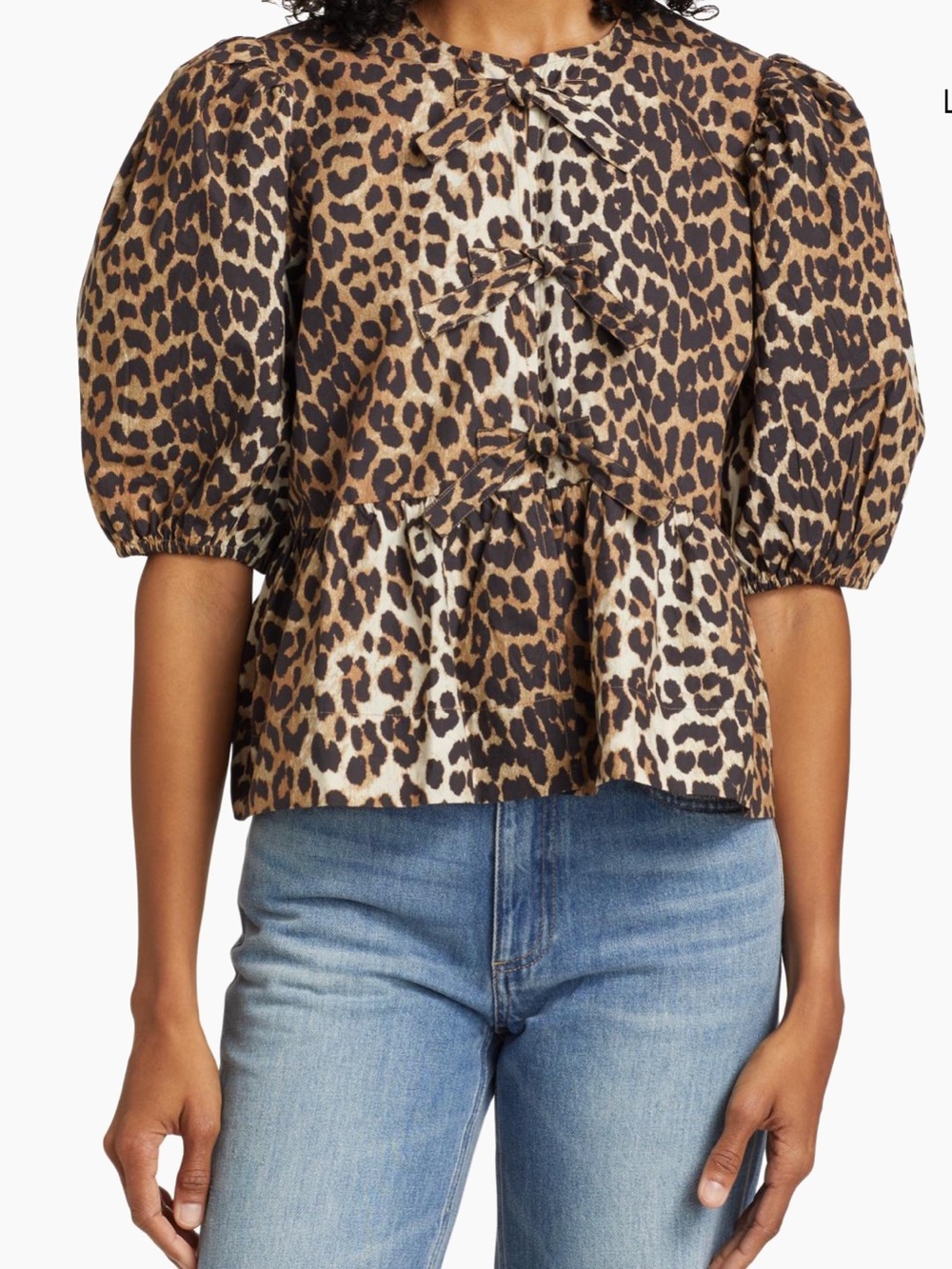 Ganni Leopard Print Puff Sleeve Peplum Blouse - Brown, Black, Cream - cotton - Picture 3 of 6